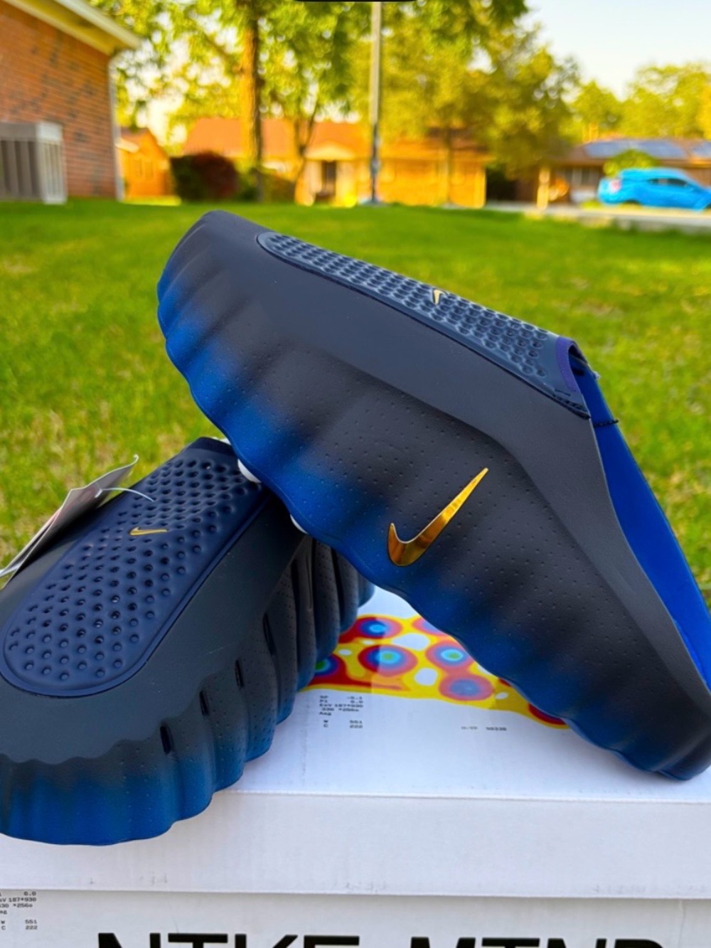 Nike Mind 001 Blue and Gold Slip-On Clogs
